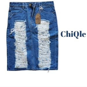 ChiQle Denim Skirt Destroyed Ripped Lace Patch